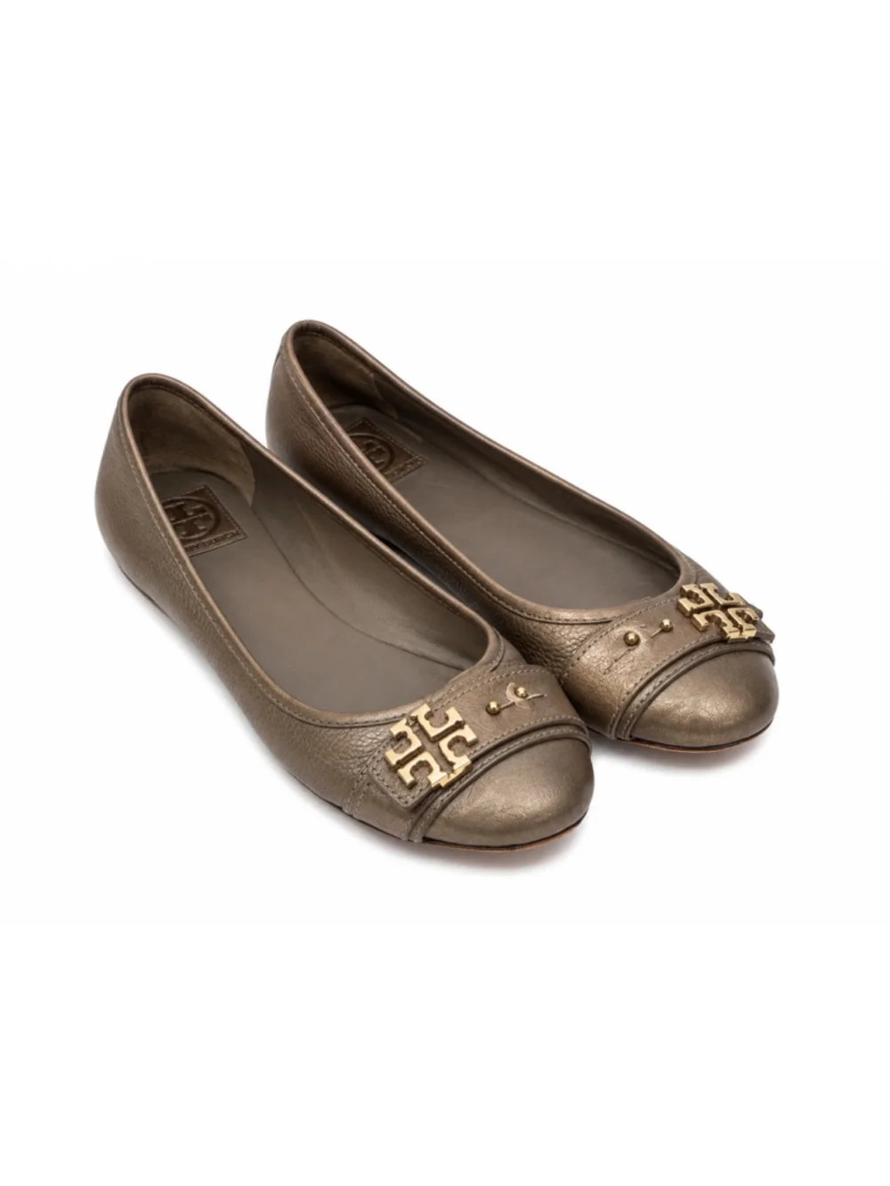 Tory Burch Reva Metallic Taupe Leather Logo Ballet Flats Gold Hardware 9.5M